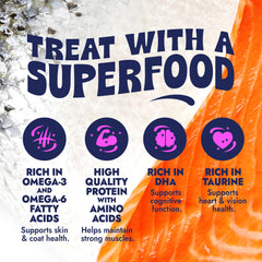 Finfare freeze-dried toppers serving suggestion—mealtime topper to enrich meals with crunch.