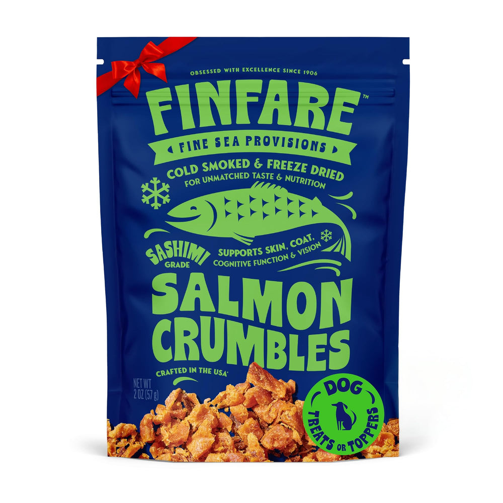 Finfare Salmon Crumbles freeze-dried toppers add crunchy texture and tasty flavor to meals.