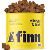 Finn Allergy Itch bottle label highlights ingredients for seasonal comfort in dogs