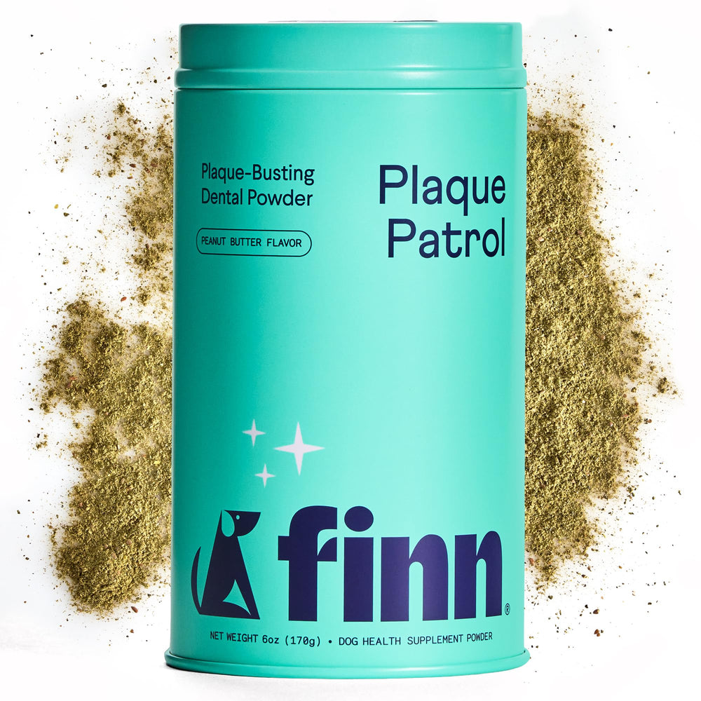 Finn Dental Powder being dispensed into a dog bowl for plaque control