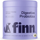 Finn Digestive Probiotics for Dogs bottle pours to show easy daily dosing for gut support.