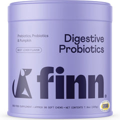 Finn Digestive Probiotics for Dogs bottle pours to show easy daily dosing for gut support.