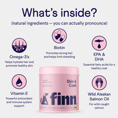 Finn Skin & Coat dog eating chew illustrates easy daily coat nourishment.