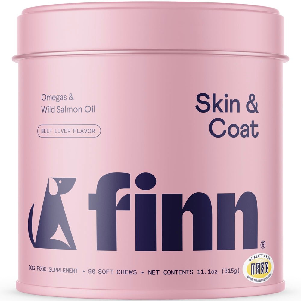 Finn Skin & Coat salmon oil bottle highlights omega-3 support for dogs.