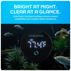 FishNosh aquarium thermometer charging cable attached for uninterrupted monitoring.