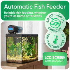 FISHNOSH automatic feeder digital thermometer display enables temperature monitoring for fish comfort.