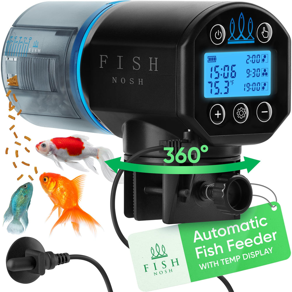 FISHNOSH automatic feeder front view highlights compact design for any tank.