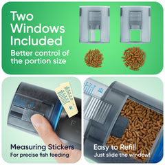 FISHNOSH automatic feeder dual-dosator windows illustrate adjustable portions for consistent meals.
