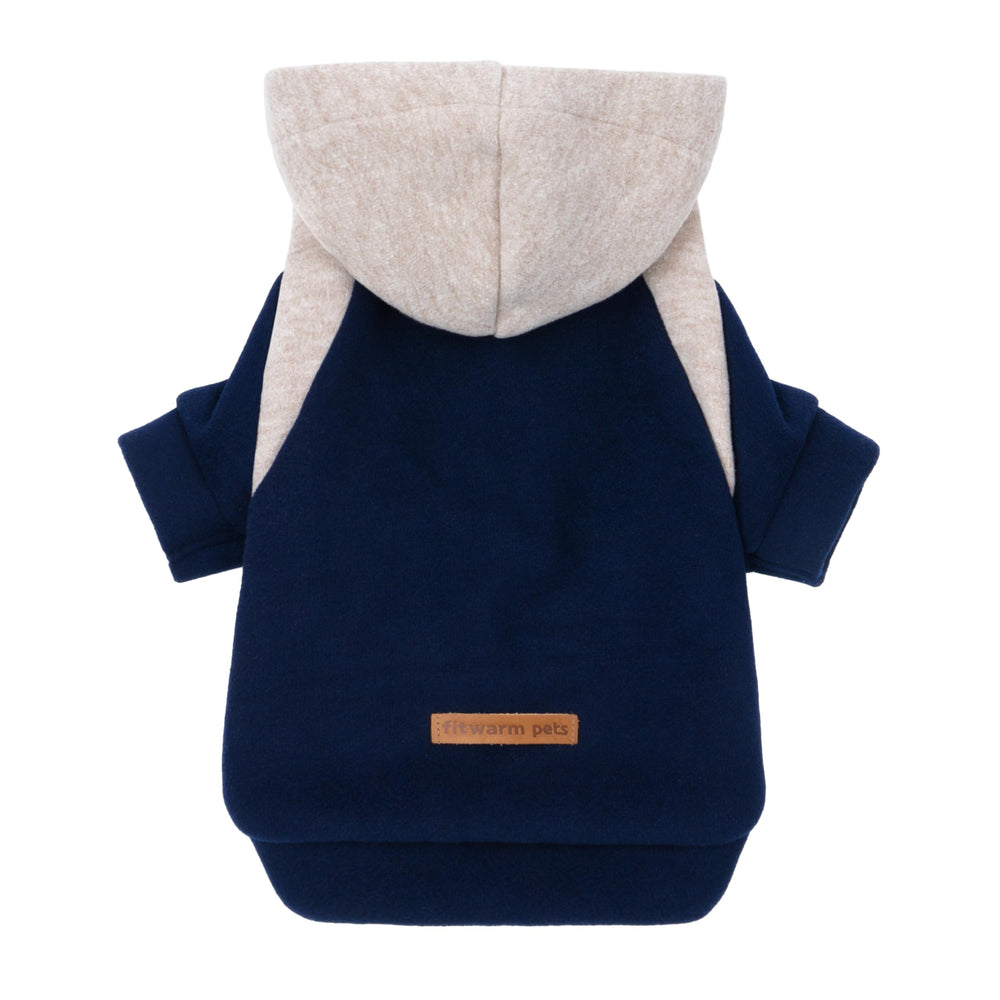 Fitwarm color block dog hoodie in midnight blue and beige front view for daily walks.