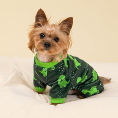 Fitwarm dinosaur dog fleece pajamas chest detail shows ribbed neckline for snug fit