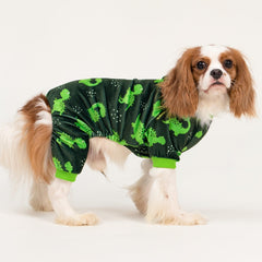 Fitwarm dinosaur dog fleece pajamas green print closeup highlights playful energy