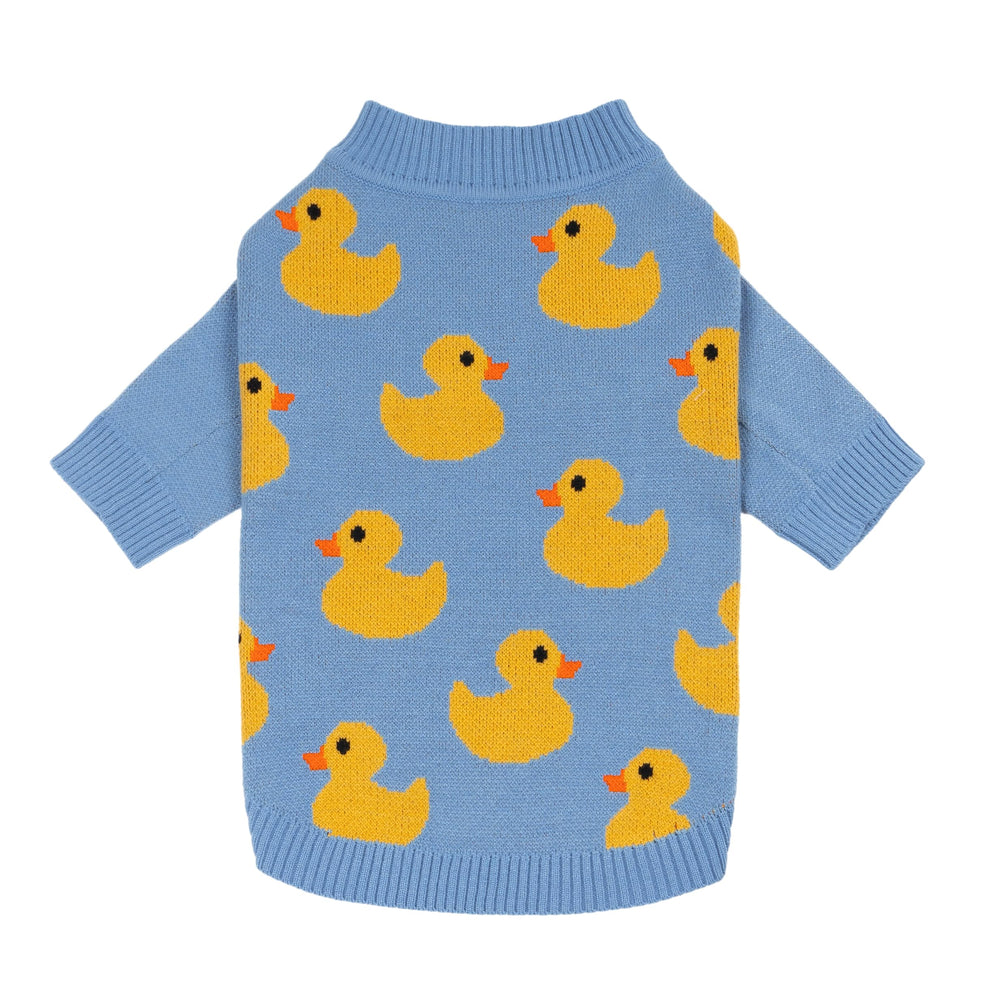 Fitwarm duck sweater on blue background offers cozy warmth for daily small-dog walks