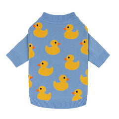 Fitwarm duck sweater on blue background offers cozy warmth for daily small-dog walks