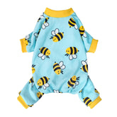 Fitwarm Funny Bee Fleece Dog Pajamas with bee print on blue fabric for cozy indoor wear.