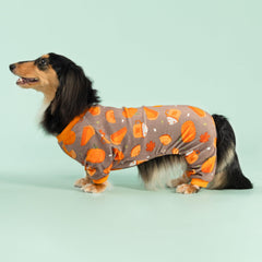 Fitwarm Pumpkin Dog Pajamas fabric close-up shows soft polyester-spandex blend