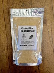 Five-Star Feeders Roach Chow bag close-up highlighting resealability and freshness for feeder insects.