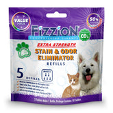 Fizzion pet-stain-odor-eliminator-tablets-pack ready for five refills, concentrated cleaning power.