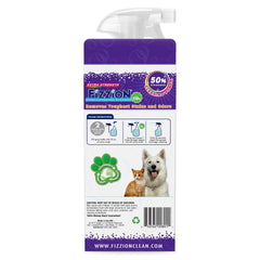 Fizzion spray-on action showing fast stain and odor removal on fabric.