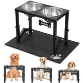 Flodomix elevated bowls stand shows three height settings for growing dogs' comfort.