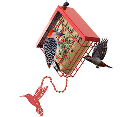 FlowaFoli Suet Feeder red outdoor cage attracts woodpeckers and chickadees.