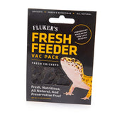 Fluker's Fresh Feeder Vac Pack packaging closeup shows preservative-free crickets.