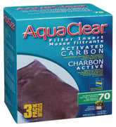 Fluval AquaClear 70 insert package showing three activated carbon filters for cleaner water.