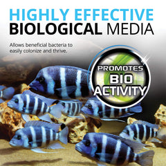 Fluval BioMax porous structure detail highlights optimal water contact time in filtration.