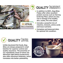 Fluval Bug Bites Algae Crisps closeup ingredients highlighting nutrient-rich black soldier fly larvae.