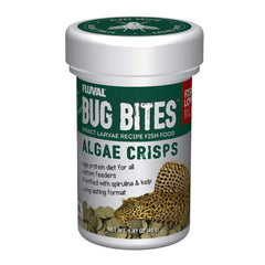 Fluval Bug Bites Algae Crisps pack shot shows compact sinking food for bottom feeders.