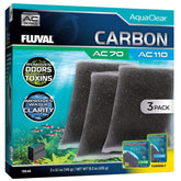 Fluval carbon for AC70/AC110 3-pack packaging shows ready-to-use filter media for clearer water.