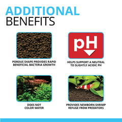 Fluval Plant and Shrimp Stratum maintains neutral to slightly acidic pH for plants and shrimp.