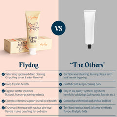 FlyDog Fresh Kiss finger brush on teeth for gentle, precise brushing.
