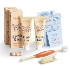 FlyDog Fresh Kiss toothpaste tube close-up for tasty, vet-approved dental care.