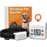FLYSPEAR wireless pet barrier transmitter illustrating portable indoor boundary setup