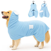 Fnaobai pet bathrobe blue xlarge front view shows snug fit and rapid moisture absorption.