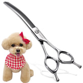 FOGOSP curved thinning shears 7.5-inch blade closeup shows 66 V teeth for even texture.