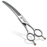 FOGOSP Professional 3D Curved Chunkers dog scissors, curve-front view, enables precise trimming for a rounded coat.