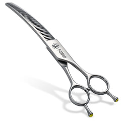 FOGOSP Professional 3D Curved Chunkers dog scissors, curve-front view, enables precise trimming for a rounded coat.
