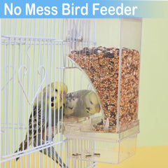 FONTSATTY no-mess feeder inside cage shows tidy feeding with separate waste slot.