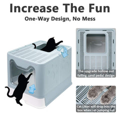 Fophop blue foldable litter box side view, anti-splash design helps reduce mess.