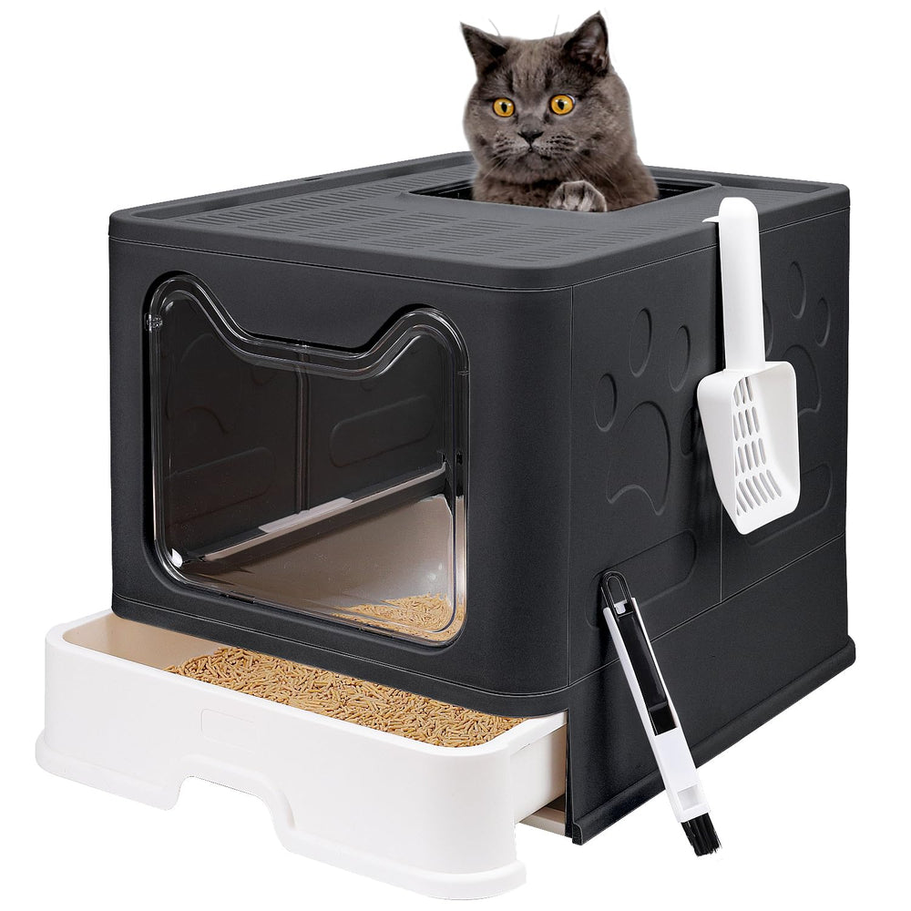 Fophop foldable cat litter box with lid in black, compact storage