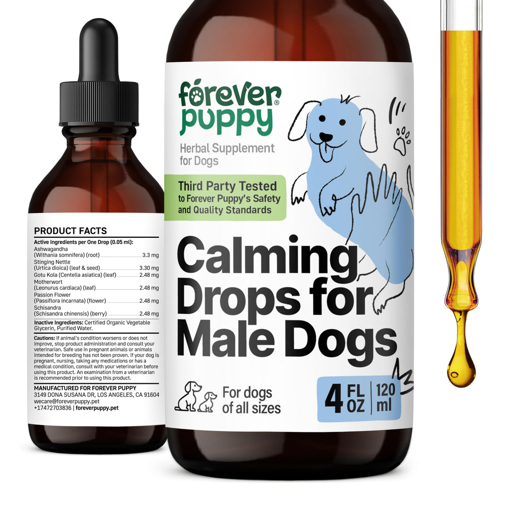 Forever Puppy Calming Drops label featuring ingredients promoting calm