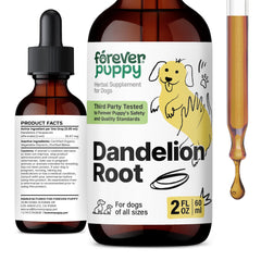 Forever Puppy Dandelion Root Drops bottle shows natural liver support for dogs.