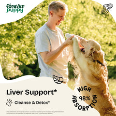 Forever Puppy Dandelion Root Drops pour angle demonstrates easy mix-in for meals.