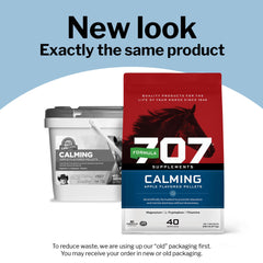 Formula 707 calming equine supplement bag back shows feeding directions