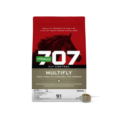 Formula 707 MultiFly pellets bag front for convenient fly control at the barn