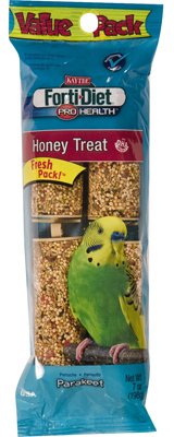 Forti-Diet parakeet honey-stick packaging shown, ideal for easy enrichment and snack time.