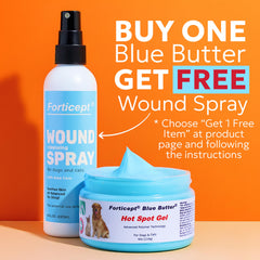 Forticept Blue Butter being applied on a pet's skin for convenient treatment.