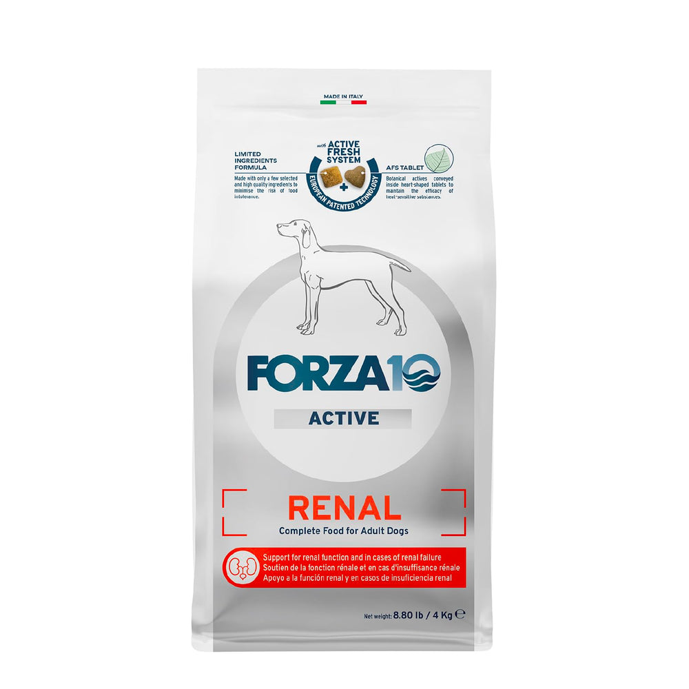Forza10 kidney-support dog food bag closeup highlighting premium ingredients