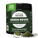 Four Leaf Rover Green Rover tub label highlights premium greens for daily immune support.